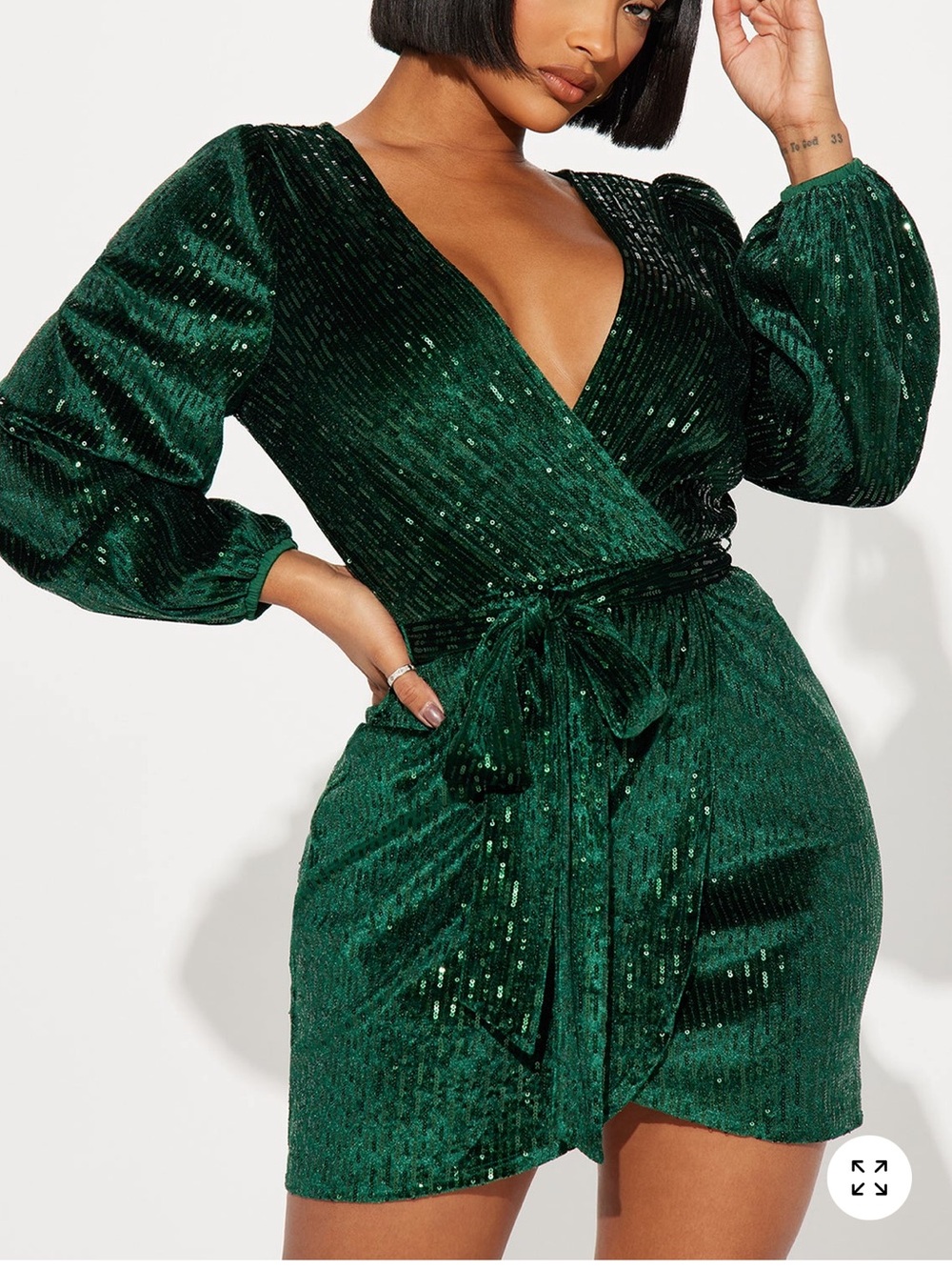 Fashion Nova Emerald Green Sequin Wrap Mini Dress